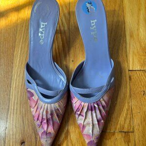 Blue and purple floral print kitten heels